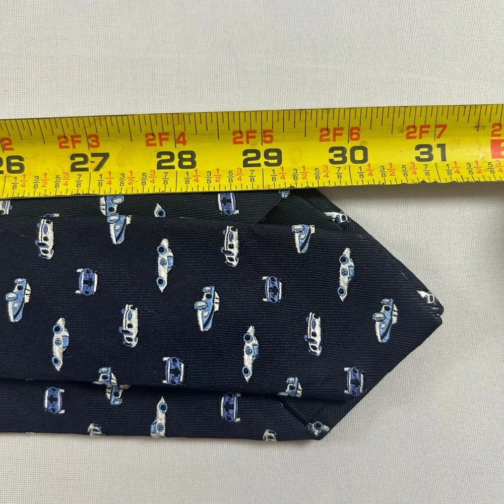 Banana Republic Necktie Mens Navy Blue Silk Vintage Sports Car Print Tie 62x3